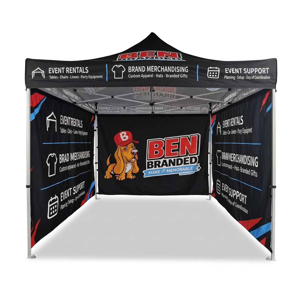 Edited visualization of a Ben Branded 10 by 10 foot canopy with backwall and two full sidewalls, open front and no table.