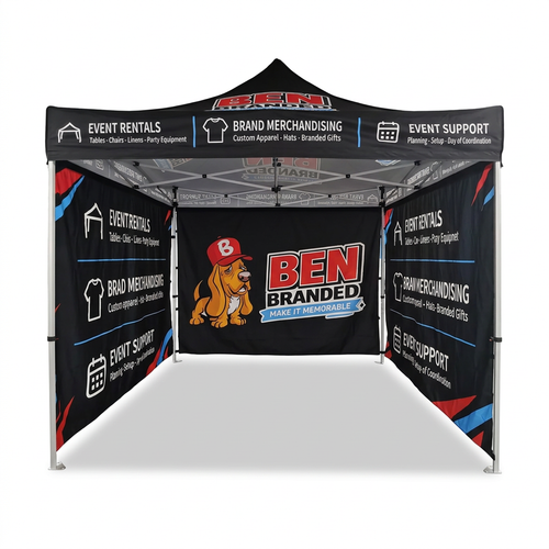Edited visualization of a Ben Branded 10 by 10 foot canopy with backwall and two full sidewalls, open front and no table.